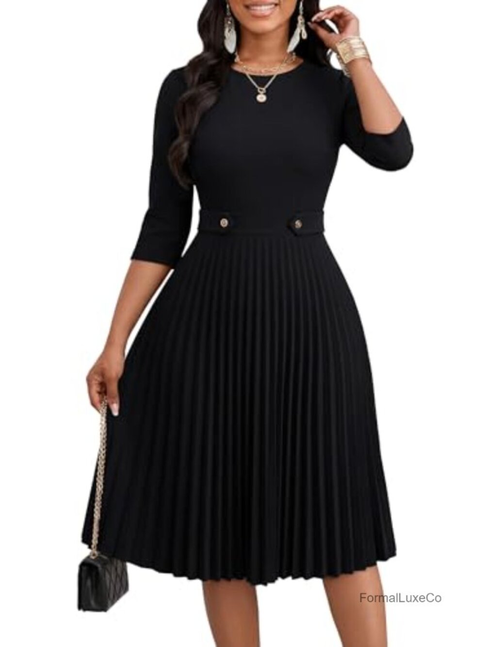 Pleated Midi Dress A-Line 3/4 Sleeve Church Work Casual with Pockets